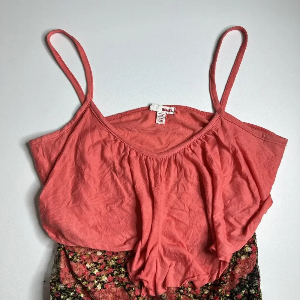 Vintage Y2K Bongo Floral Mesh Layered Cami Tank Top L Coquette Fairycore Pink